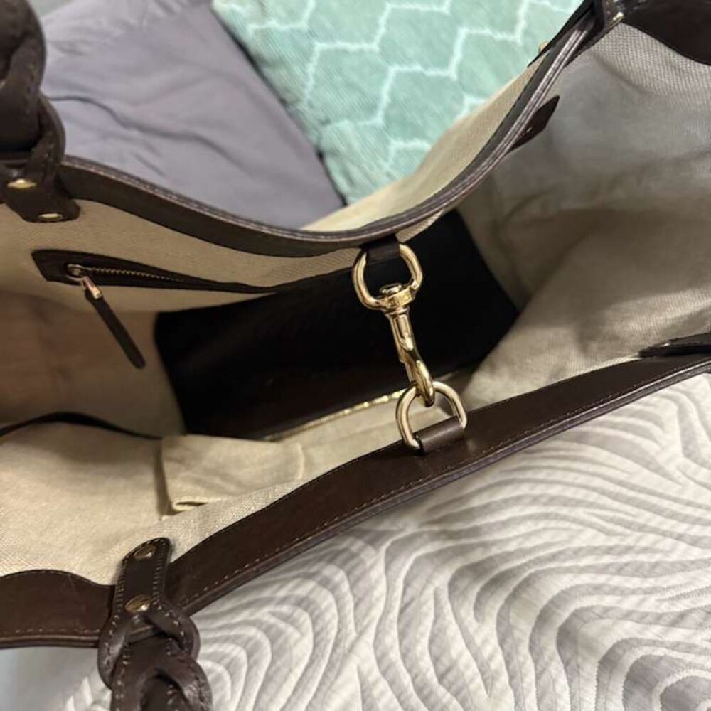 Gucci Linen Tote Bag with Pouch Denim Brown Excellent Condition - Picture 6 of 8